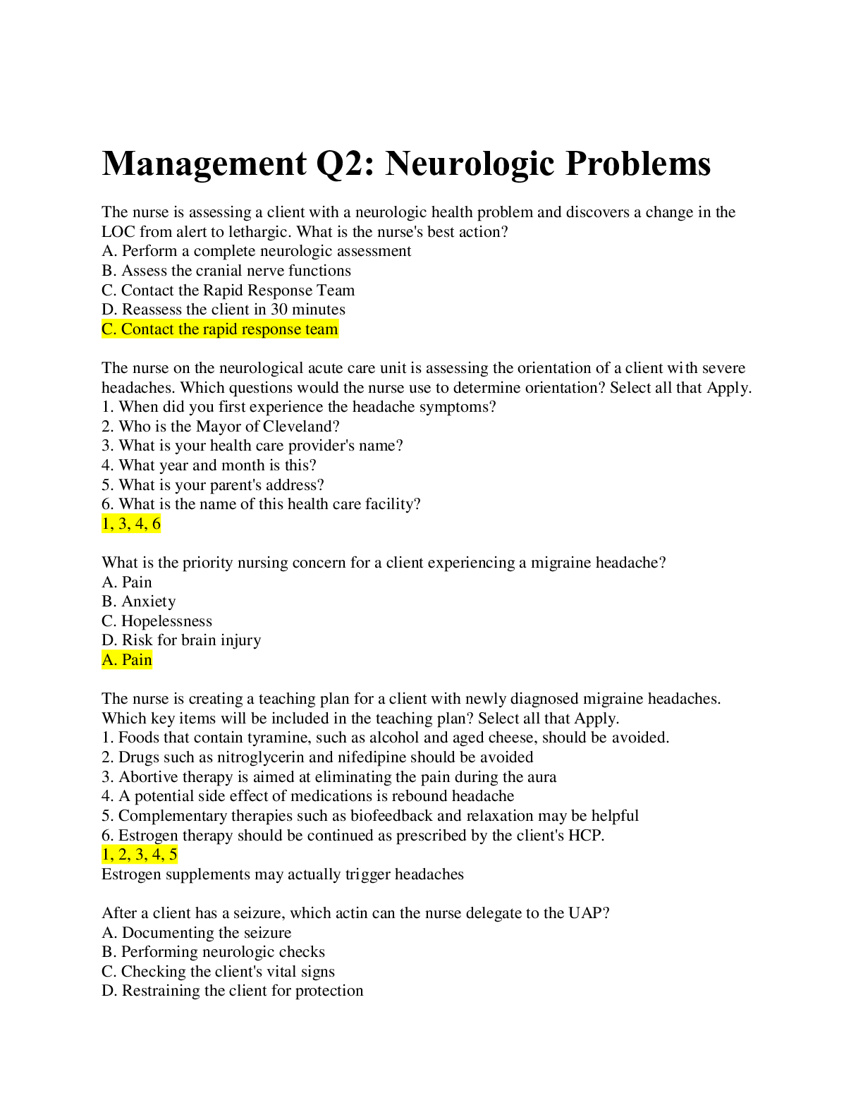 Preview of SCI 200 / Neurologic Problems / Exam with complete solution